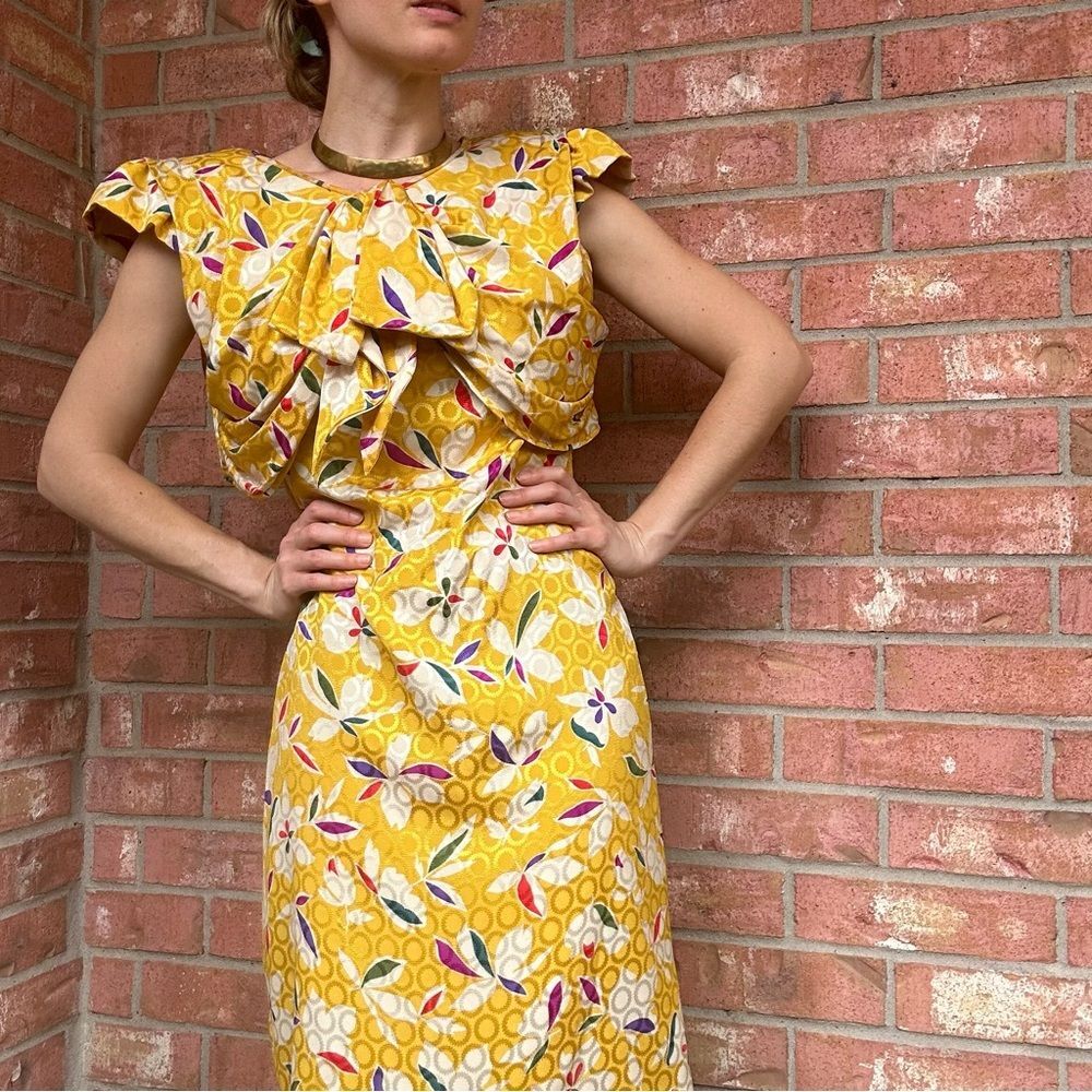 Emanuel Ungaro VTG 80s Statement Bow Neck Silk Dress Sz 8 Yellow Floral Party